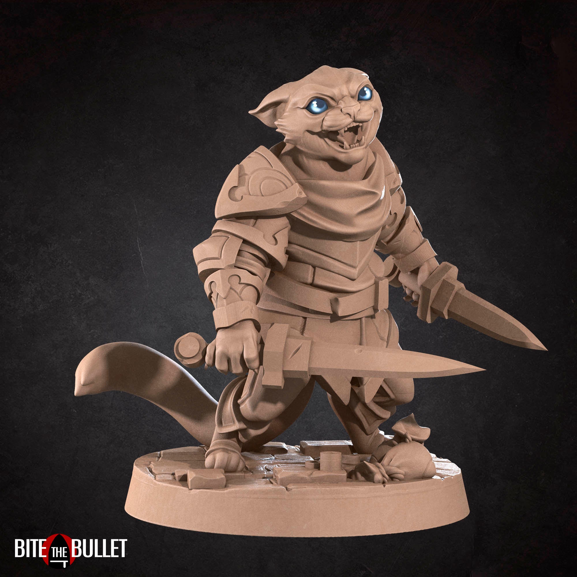 Anthropomorphic cat rogue wielding two short swords; resin miniature by Bite the Bullet.